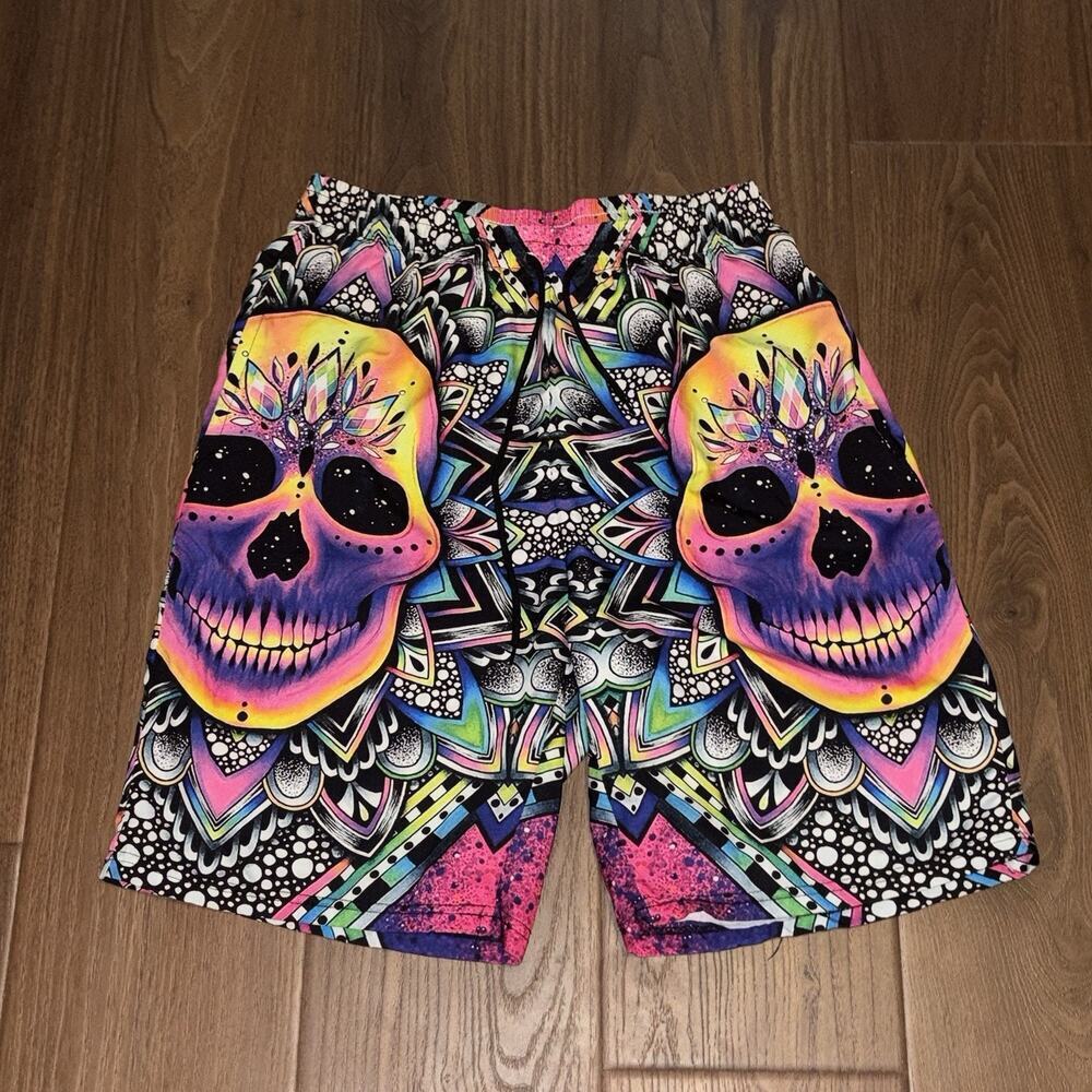 Men’s 3D Print Beach Shorts Colorful Skull Swim Trunks Quick Dry Summer Small